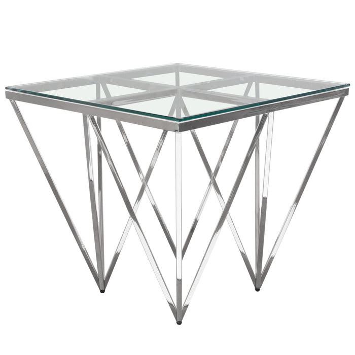 Omni Square End Table with Clear Tempered Glass Top and Polished Stainless Steel Base by Diamond Sofa