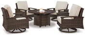 Paradise Trail Paradise Trail Fire Pit Table with 4 Nuvella Swivel Lounge Chairs - Home And Beyond