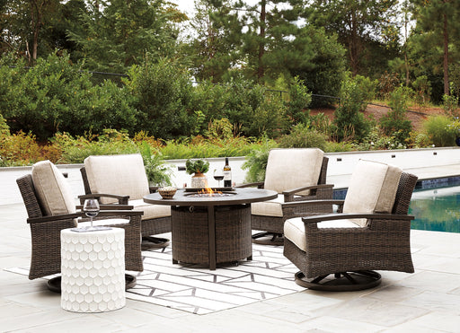 Paradise Trail Paradise Trail Fire Pit Table with 4 Nuvella Swivel Lounge Chairs - Home And Beyond