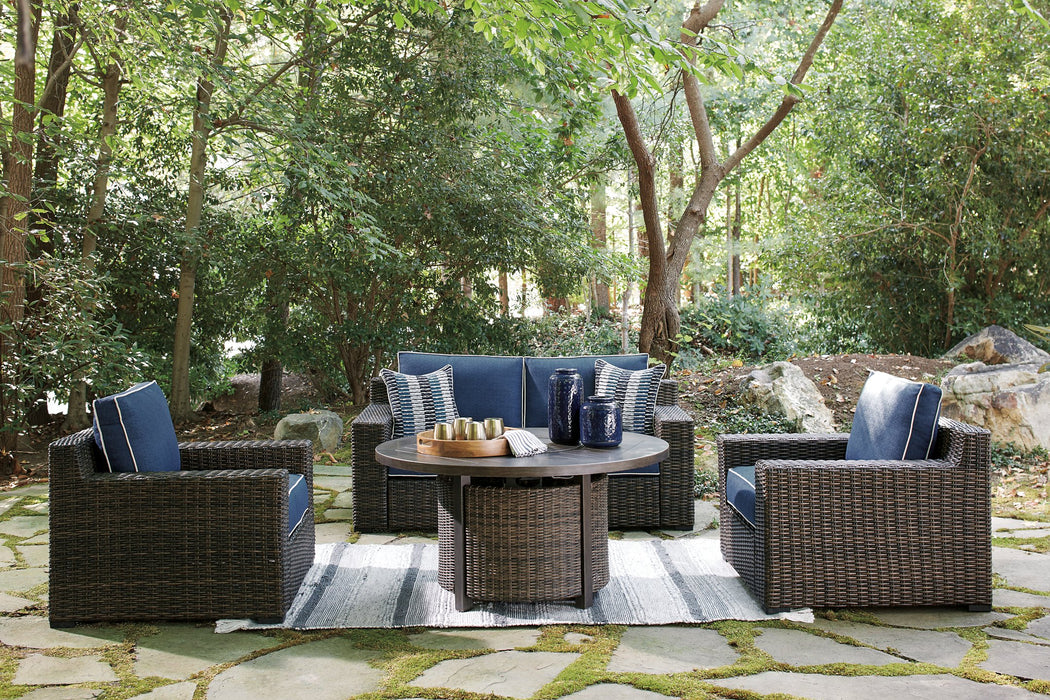 Grasson Lane Grasson Lane Nuvella Loveseat and 2 Lounge Chairs with Fire Pit Table - Home And Beyond