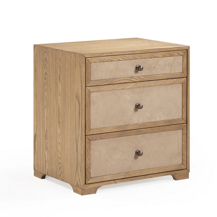 Laurentis 23.5" Light Taupe Suede and Wood 3-Drawer Nightstand - Home And Beyond
