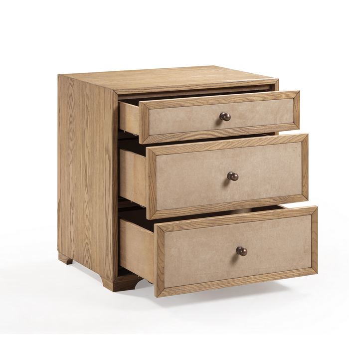Laurentis 23.5" Light Taupe Suede and Wood 3-Drawer Nightstand - Home And Beyond