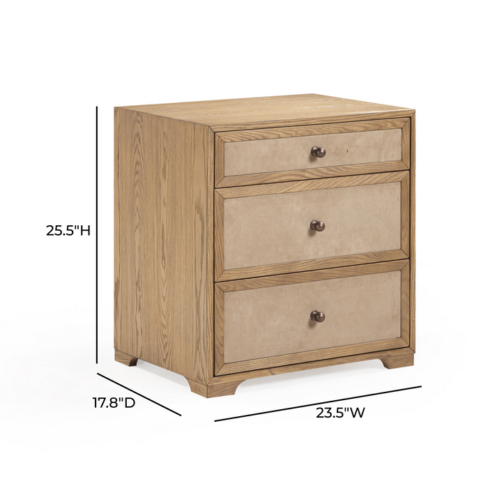 Laurentis 23.5" Light Taupe Suede and Wood 3-Drawer Nightstand - Home And Beyond