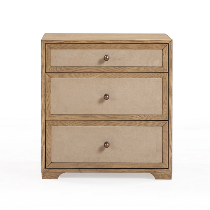 Laurentis 23.5" Light Taupe Suede and Wood 3-Drawer Nightstand - Home And Beyond