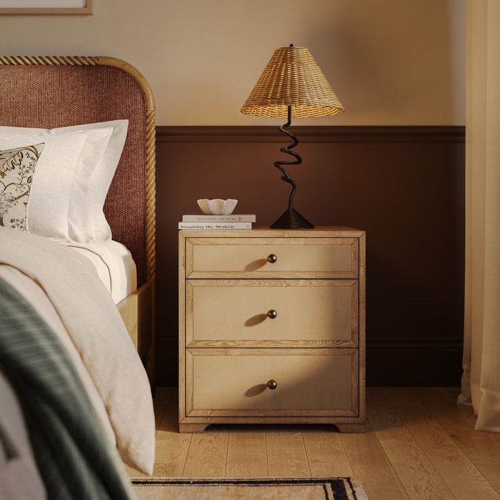 Laurentis 23.5" Light Taupe Suede and Wood 3-Drawer Nightstand - Home And Beyond