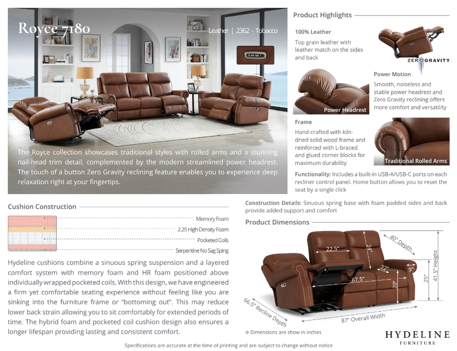 Royce Power Headrest Zero Gravity Reclining Sofa Collection