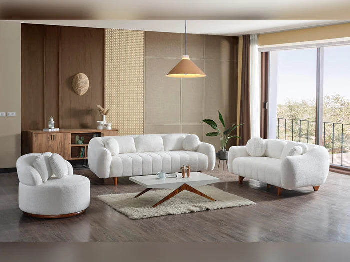 Snowy 3-pieces (Sofa & Loveseat & Swivel Chair) Livingroom Set Cream