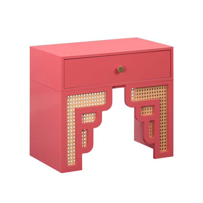 Suzie Coral Pink & Rattan Nightstand - UK - Home And Beyond