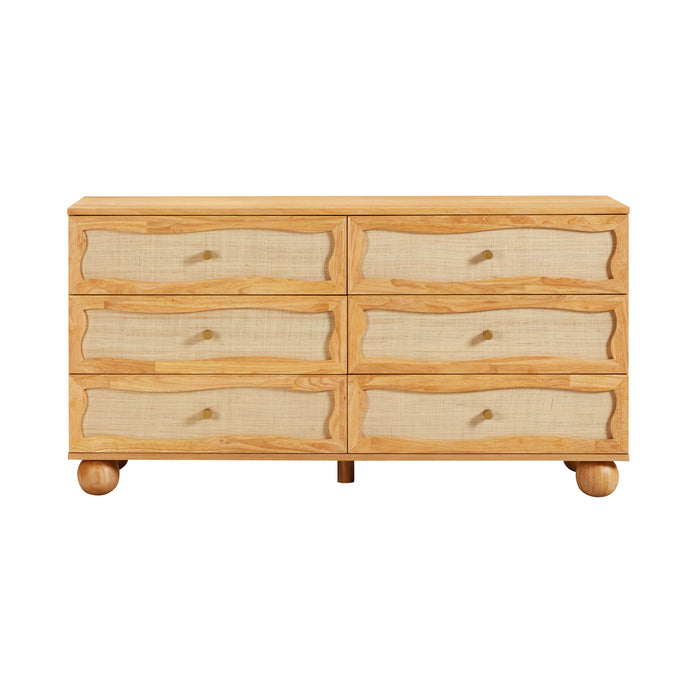 Grappa 62" Natural Wood &amp; Raffia Wavy 6-Drawer Dresser