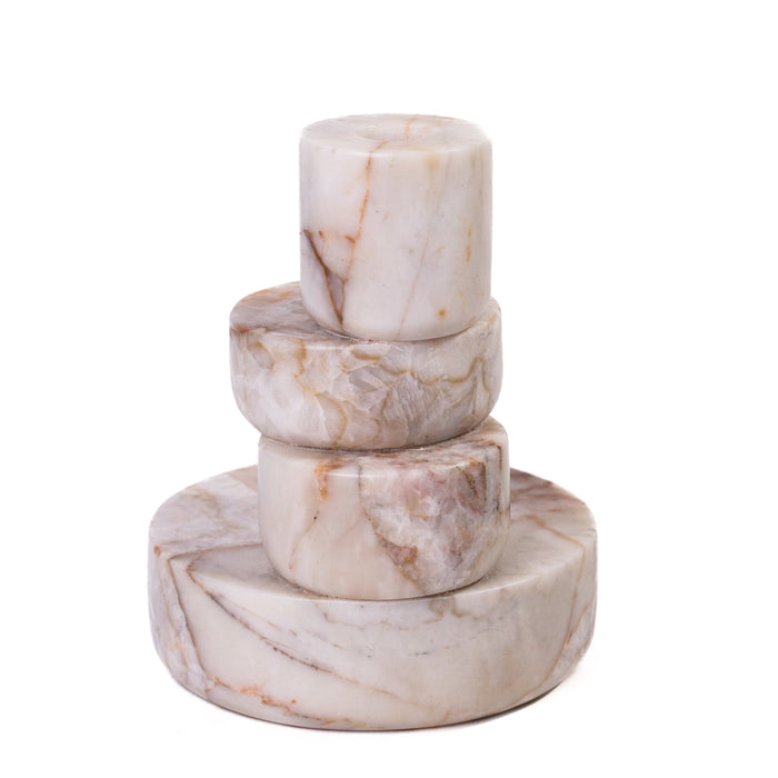 Marble White Brown Stacked Candle Holder - Home And Beyond