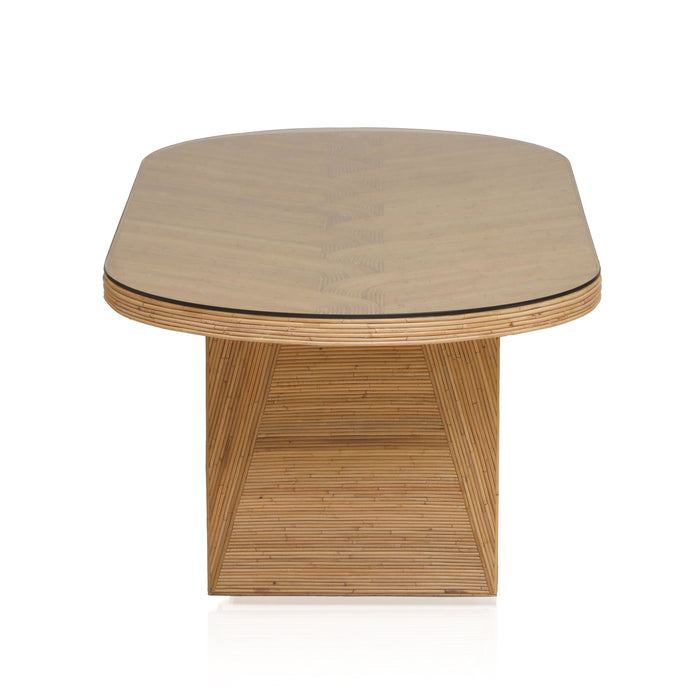 Caren 95" Natural Rattan and Glass Oval Dining Table