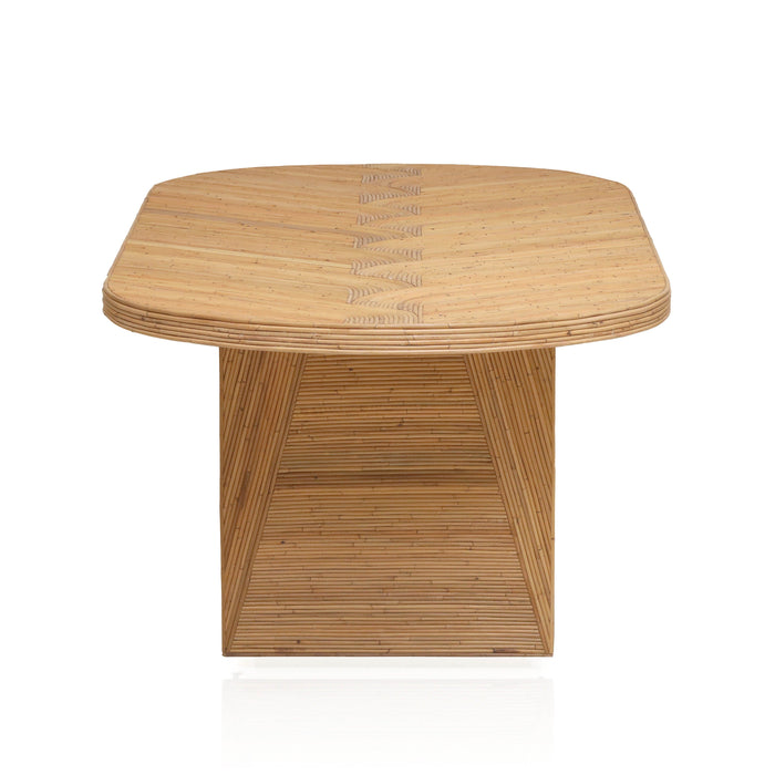 Caren 95" Natural Rattan and Glass Oval Dining Table