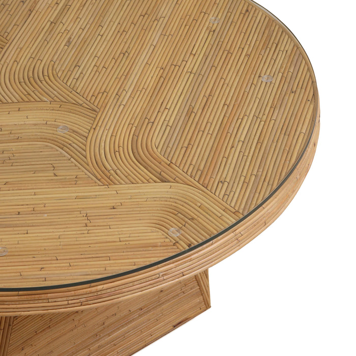 Caren 95" Natural Rattan and Glass Oval Dining Table