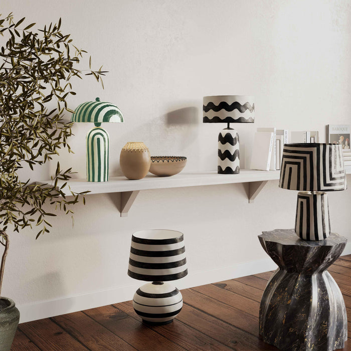 Maiori Dark Green Striped Papier Mache Table Lamp - Home And Beyond