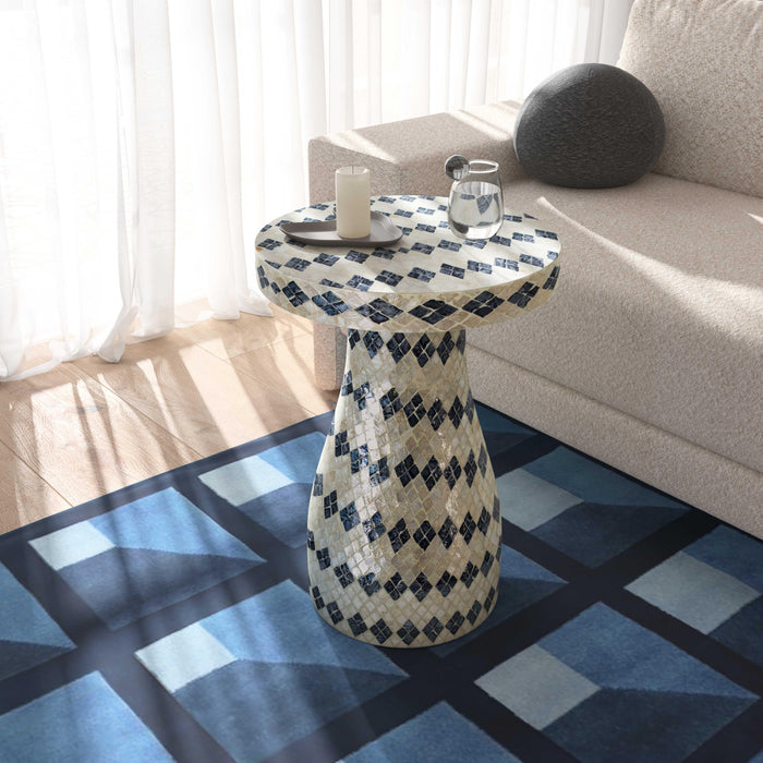 Halio Cream & Blue Checkered Shell Side Table - Home And Beyond