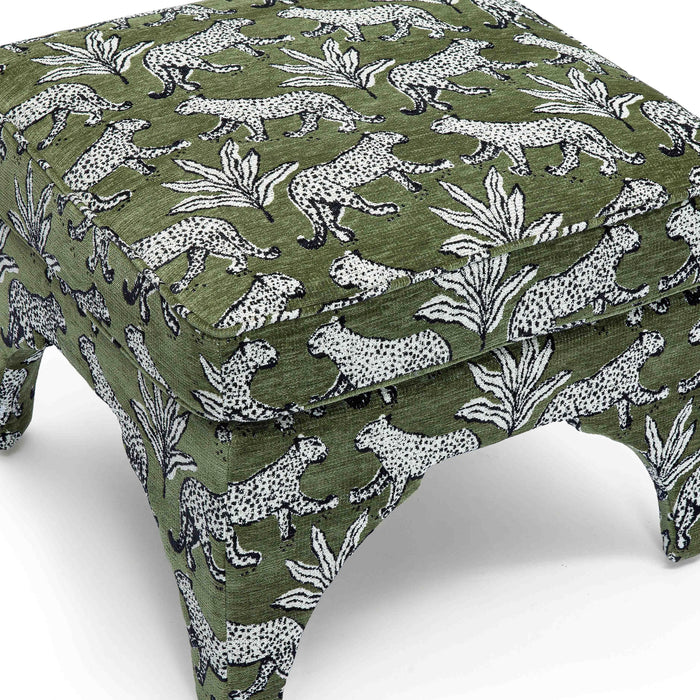 Raji Olive Green Leopard Jacquard Ottoman - Home And Beyond