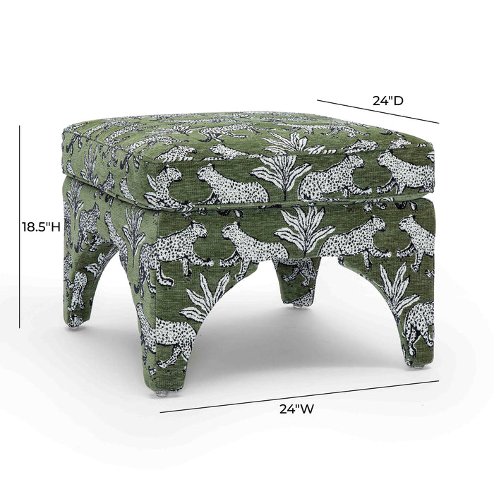 Raji Olive Green Leopard Jacquard Ottoman - Home And Beyond