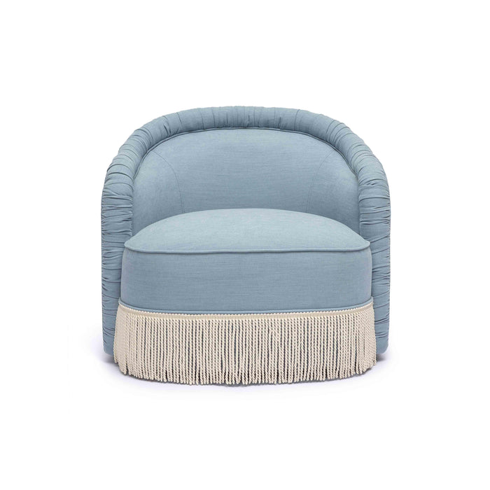 Pamela Faded Blue Upcycled Performance Fabric Tasseled Lounge Accent Chair