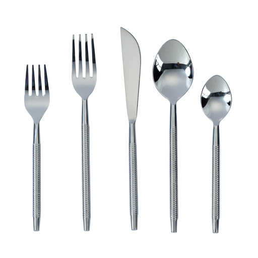 Ribbed Silver Stainless Steel Flatware - Set of 5 Pieces - Service For 1 - Home And Beyond
