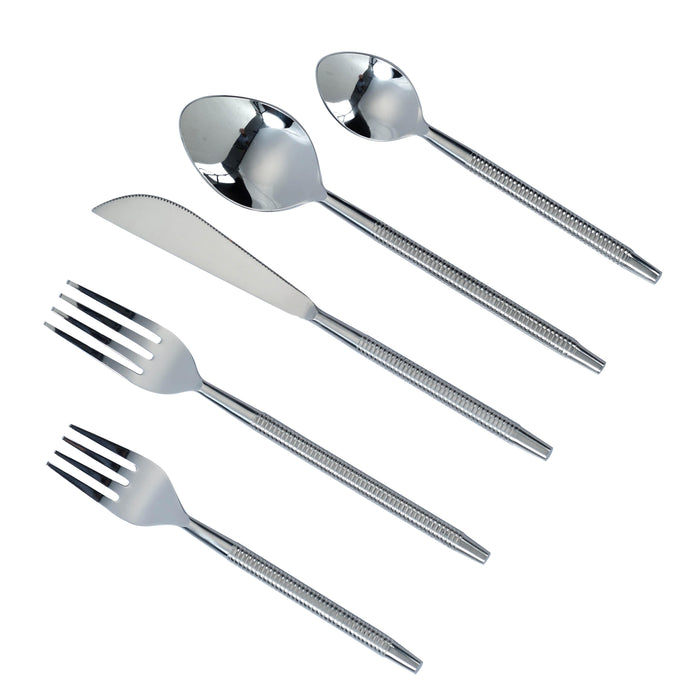 Ribbed Silver Stainless Steel Flatware - Set of 5 Pieces - Service For 1 - Home And Beyond