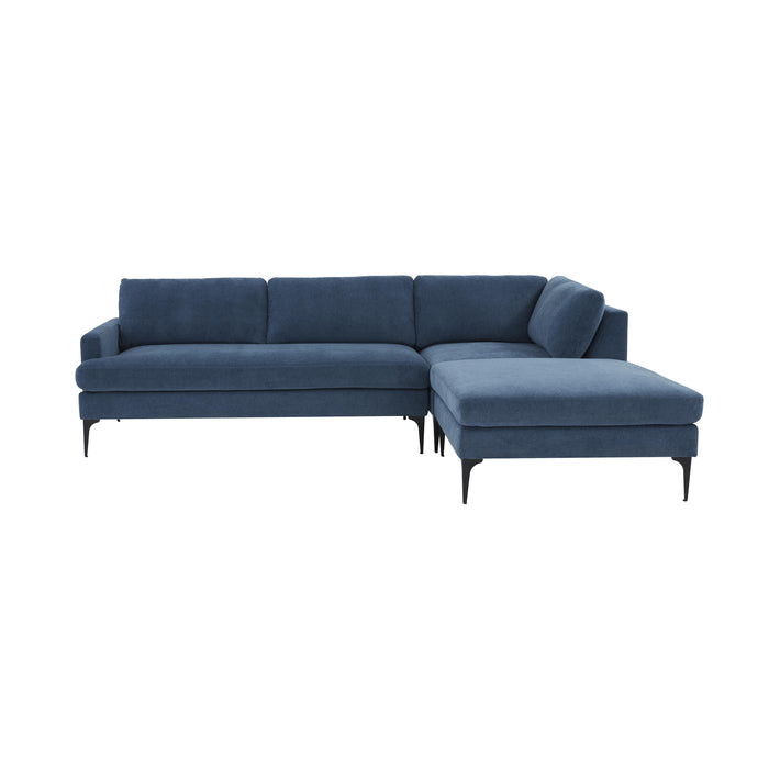 Serena Blue Velvet RAF Chaise Sectional with Black Legs - Home And Beyond