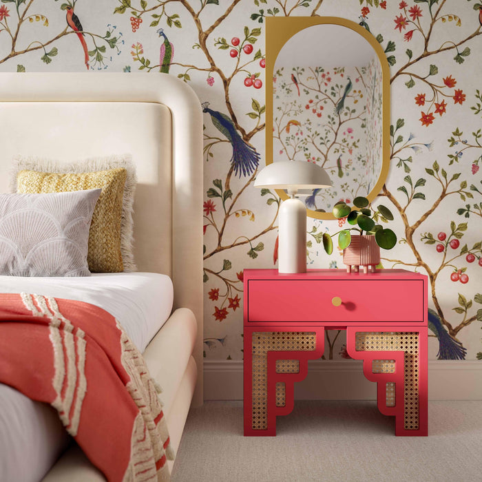 Suzie Coral Pink & Rattan Nightstand - Home And Beyond