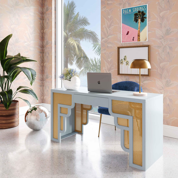Suzie Pastel Blue & Rattan Executive Desk - Home And Beyond