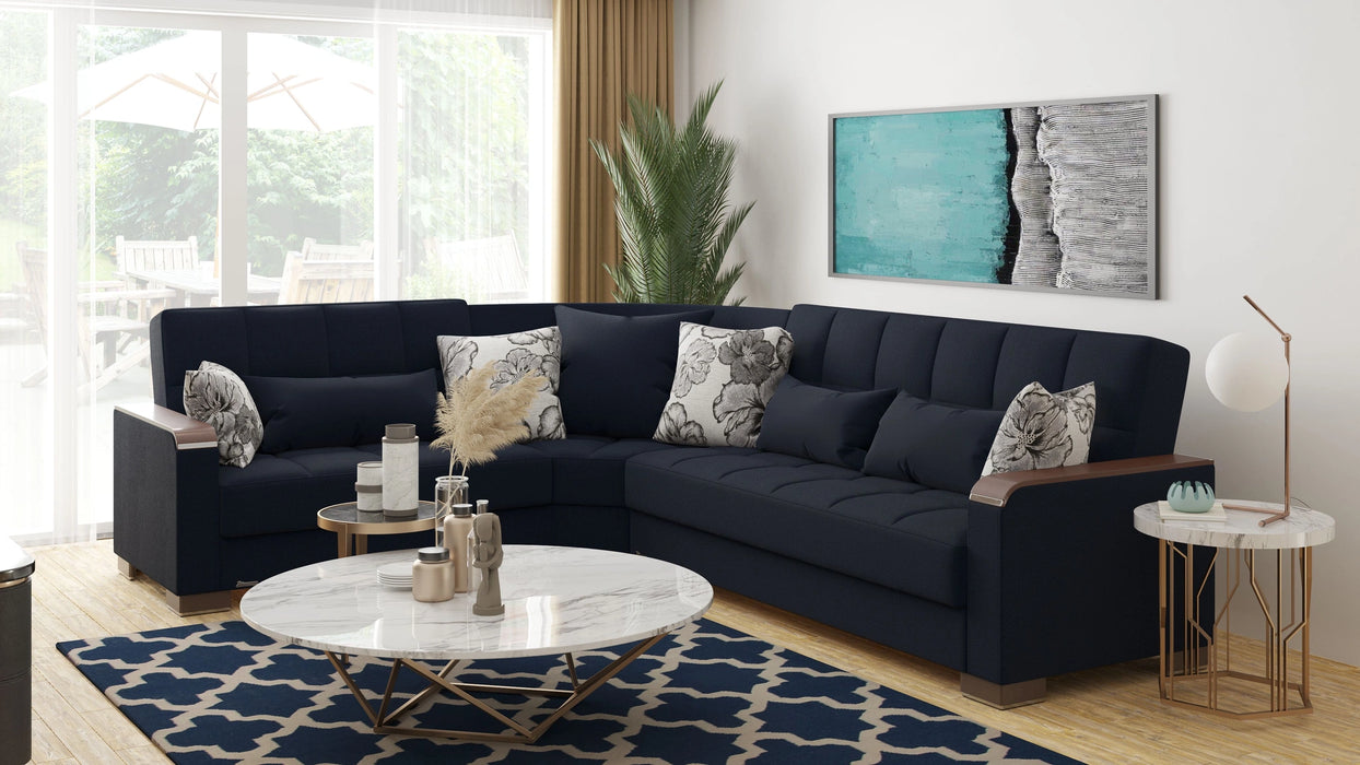 Ottomanson Armada X Collection Upholstered Convertible Wood Trimmed Sectional with Storage