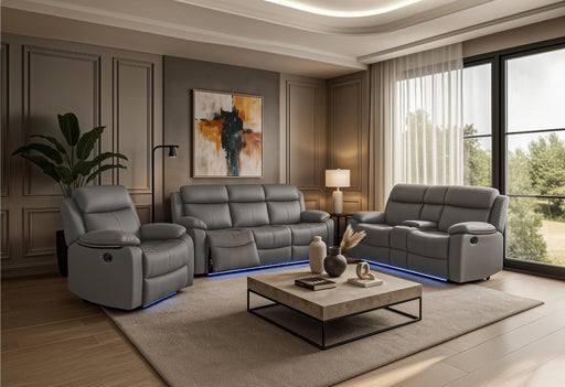 U6026 Grey Pu 46A Rec Sofa/Con Rec Loveseat with Speaker/Glider Rec