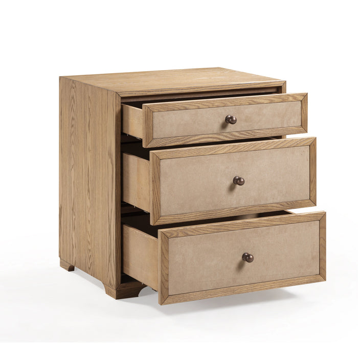 Laurentis 23.5" Light Taupe Suede and Wood 3-Drawer Nightstand
