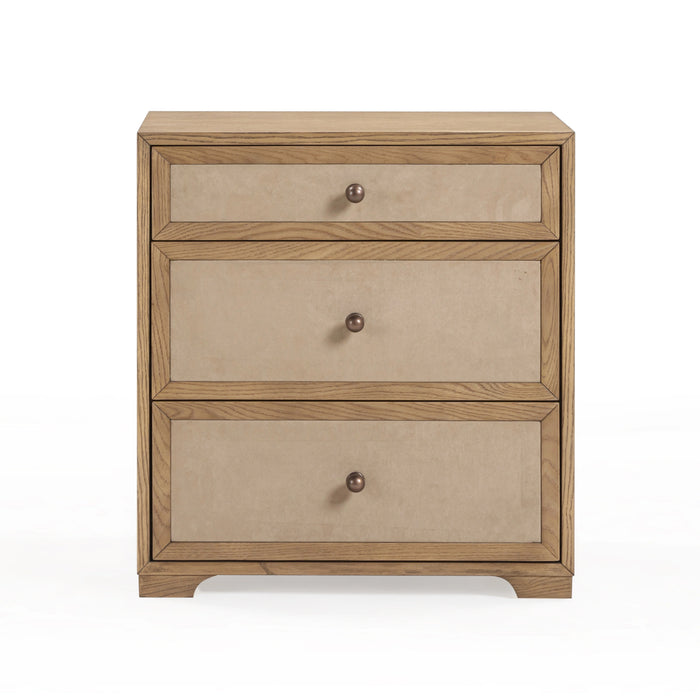 Laurentis 23.5" Light Taupe Suede and Wood 3-Drawer Nightstand