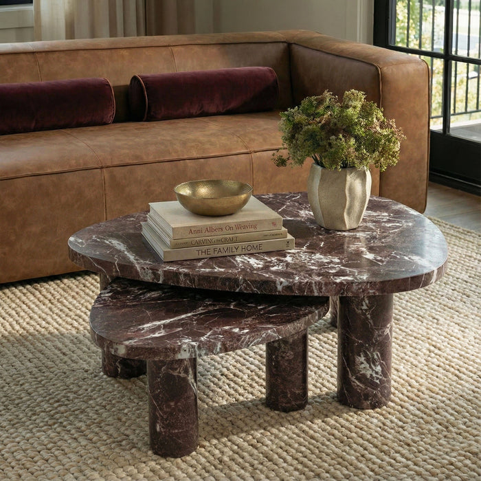 Libby 2-Piece Faux Red Levanto Marble Indoor/Outdoor Nesting Coffee Table Set