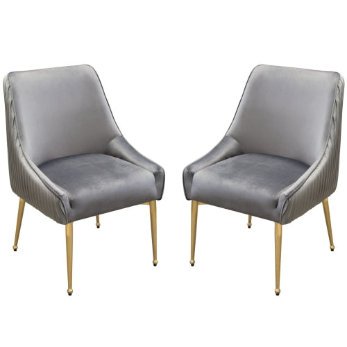 Set of (2) Quinn Dining Chairs w/ Vertical Outside Pleat Detail and Contoured Arm in Grey Velvet w/ Brushed Gold Metal Leg image