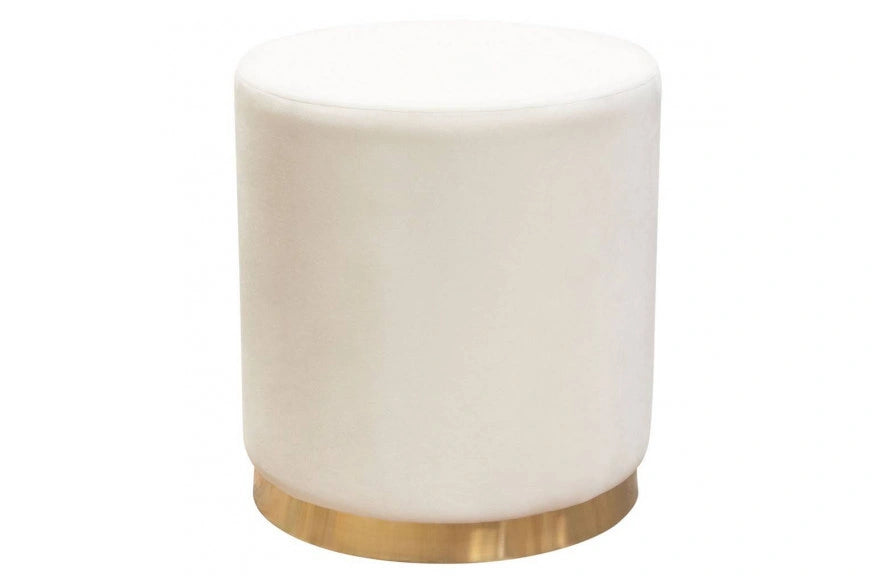 Sorbet Round Accent Ottoman in Cream Velvet w/ Gold Metal Band Accent